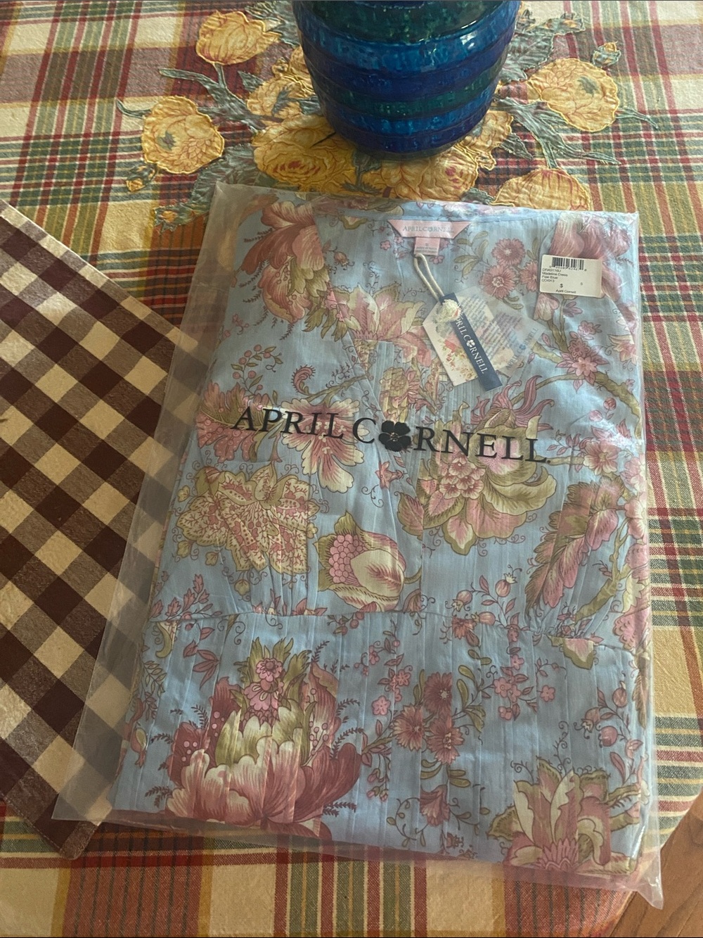 April Cornell Light Blue Floral dress with Pink and Green Blooms
